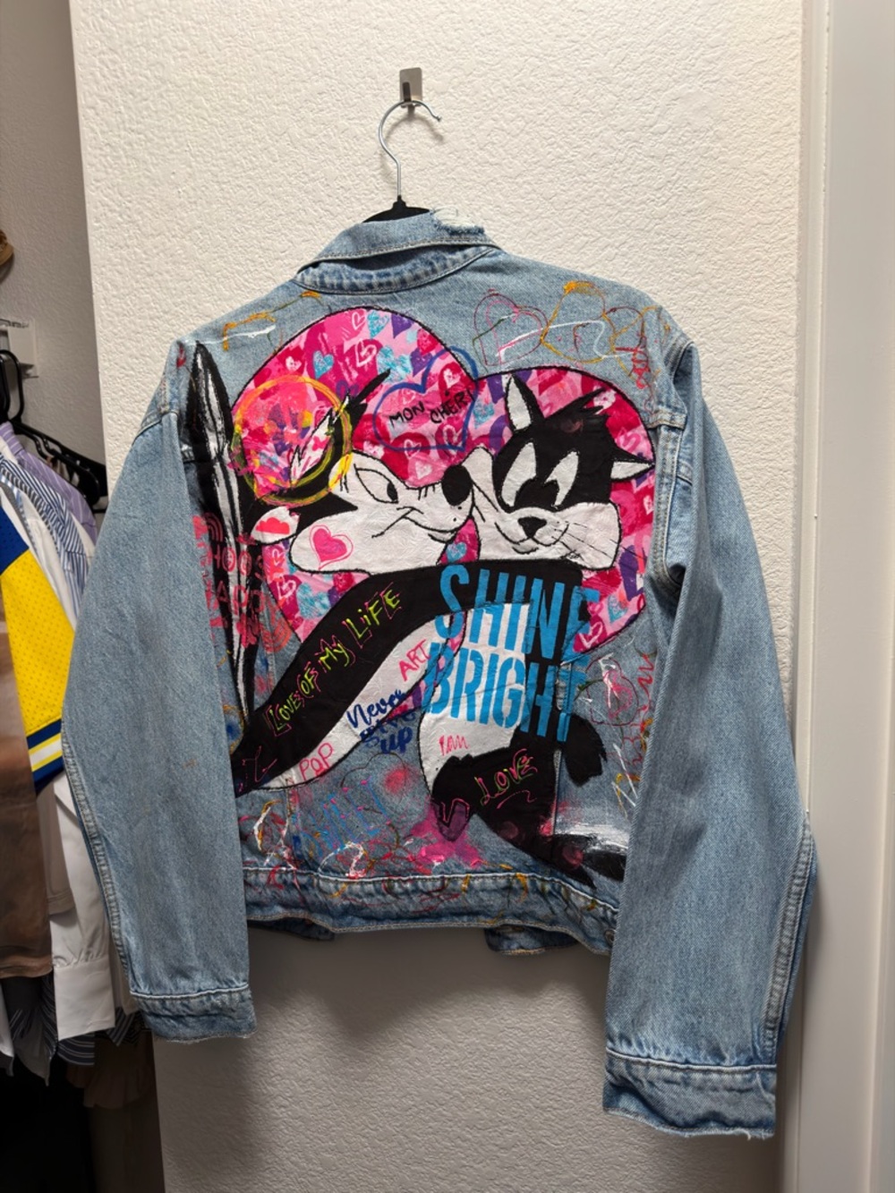 Old Navy Light Blue Denim Jean Jacket with Colorful Heart Art